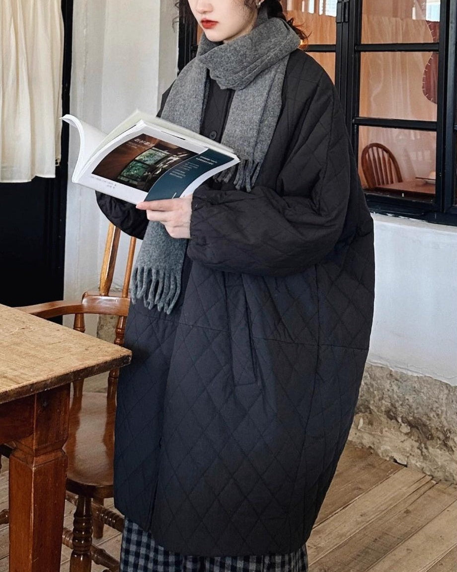 ノーカラーレトロダイヤモンドキルティングロングコート 10006