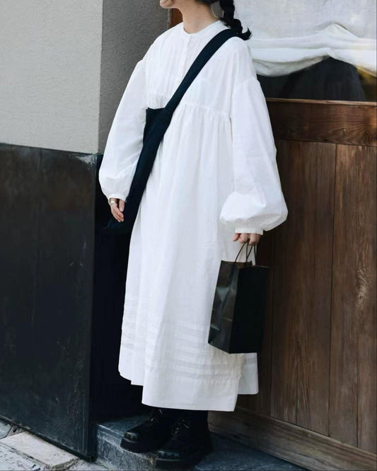 バンドカラーハーフボタンレトロワンピース 10017