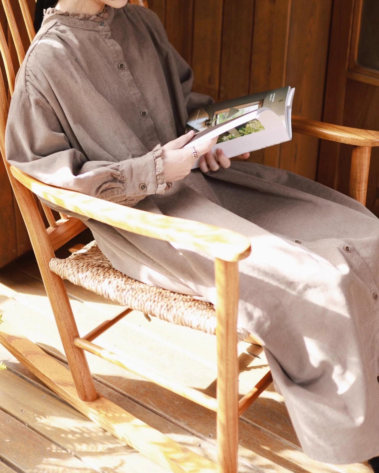 フリルネックコーデュロイシャツワンピース 10063