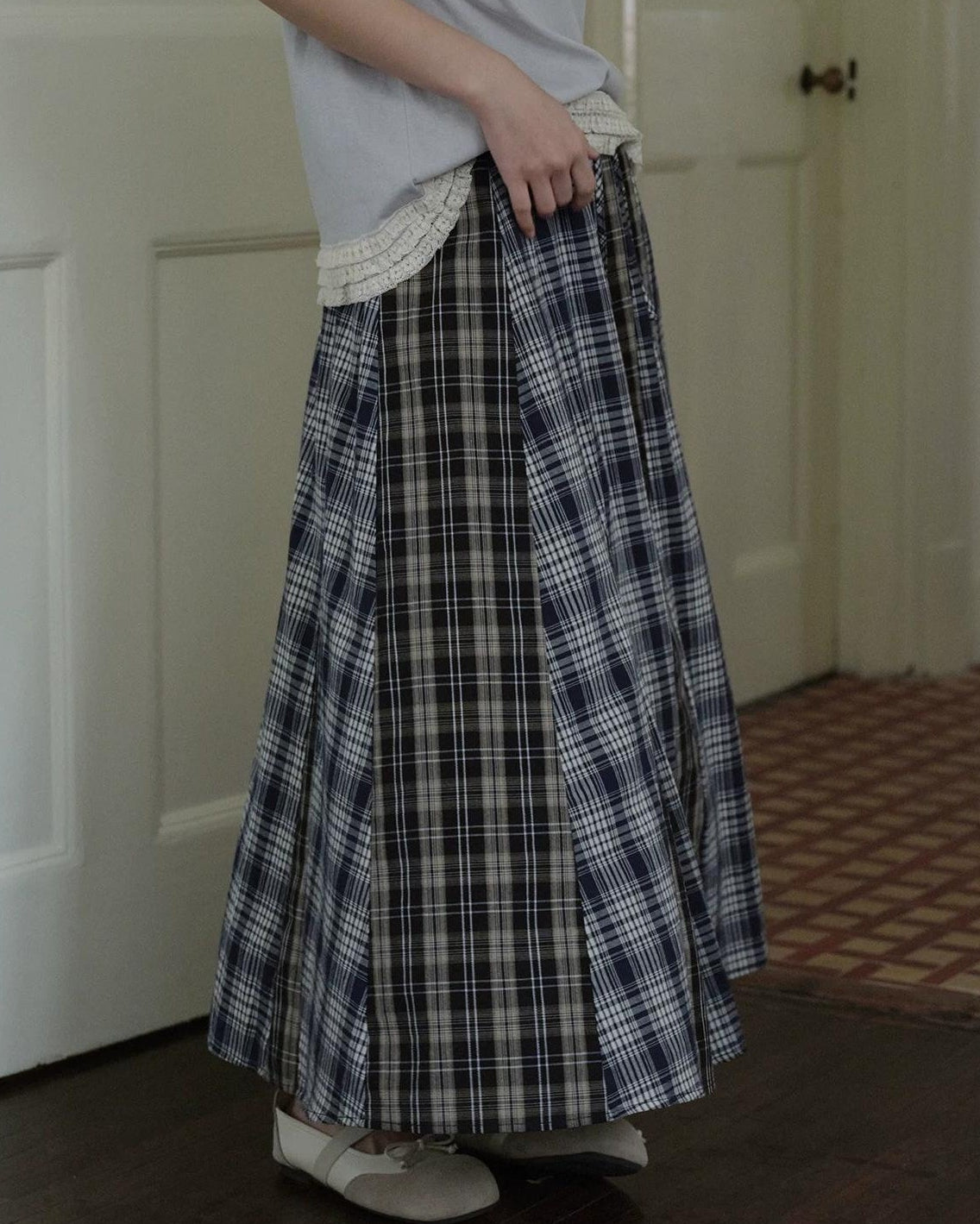 レトロチェックパッチミディスカート 10274