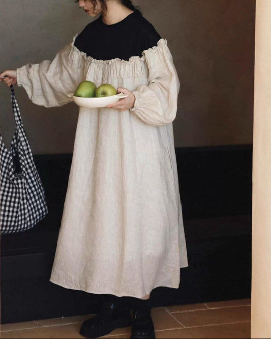 パフスリーブバイカラープリーツワンピース 10020