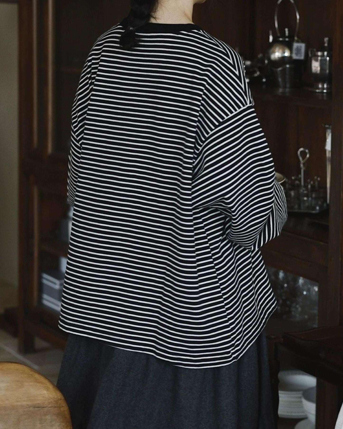 ラウンドネックストライプオーバーカットソー 10038