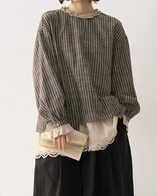 ルーナストライプ フリルネックボタンバックブラウス 10231