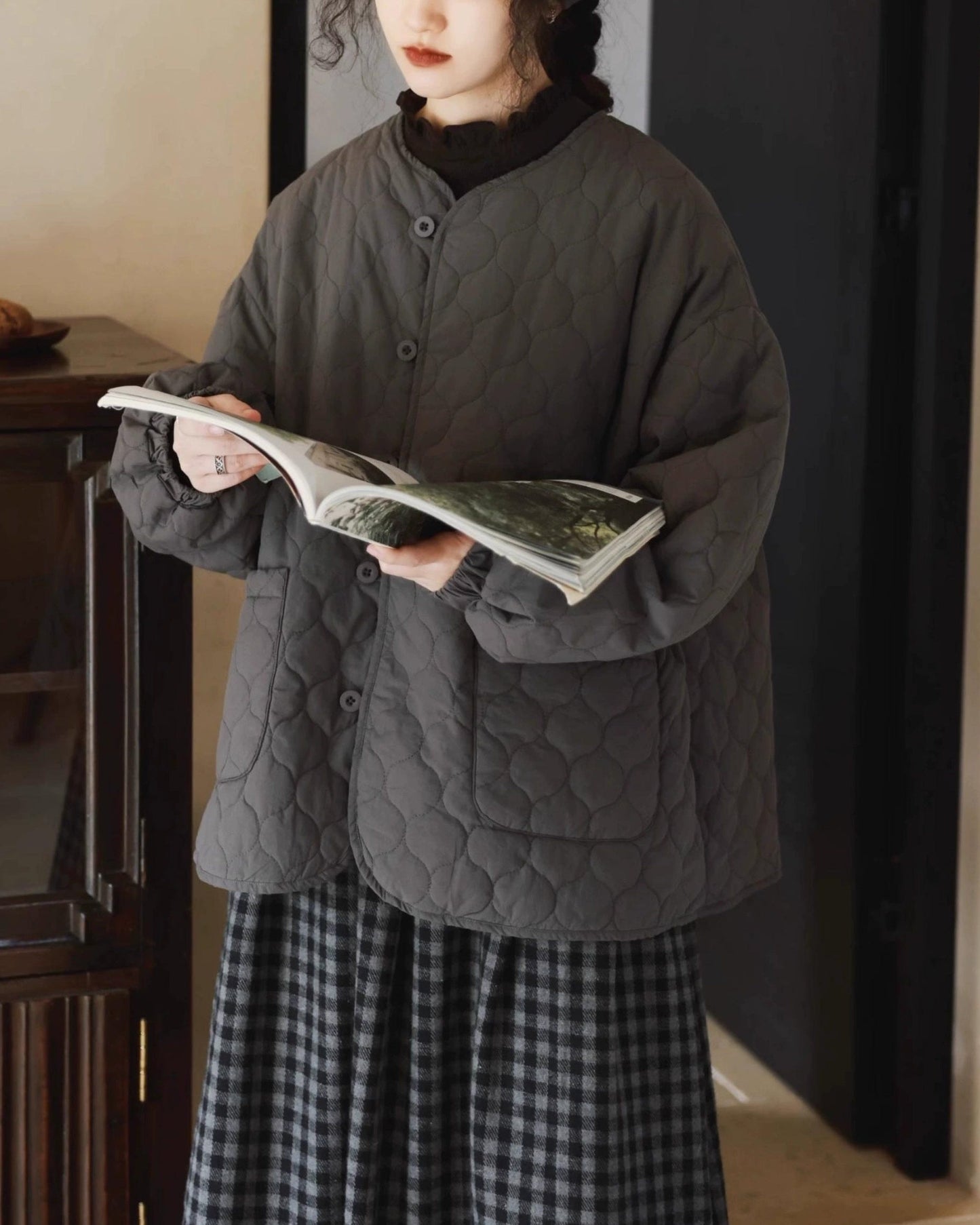ノーカラーキルティングショートコート 10008