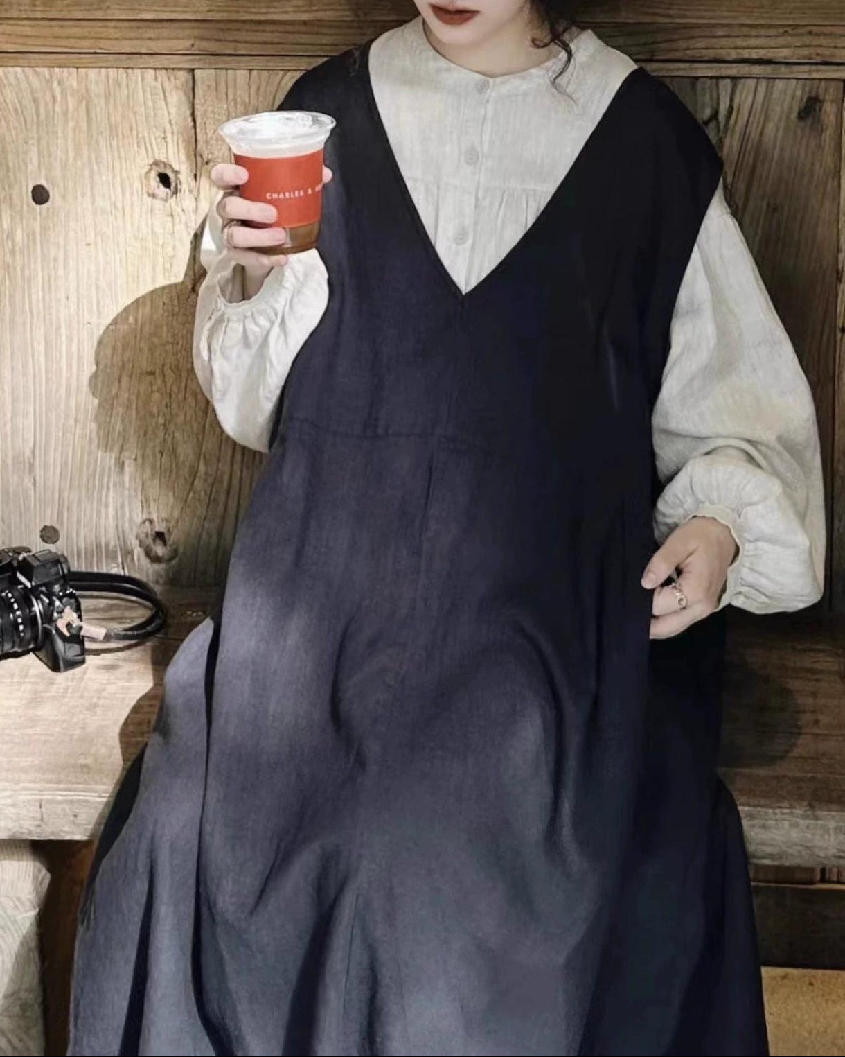 Vネックハイウエストベストワンピース 10079