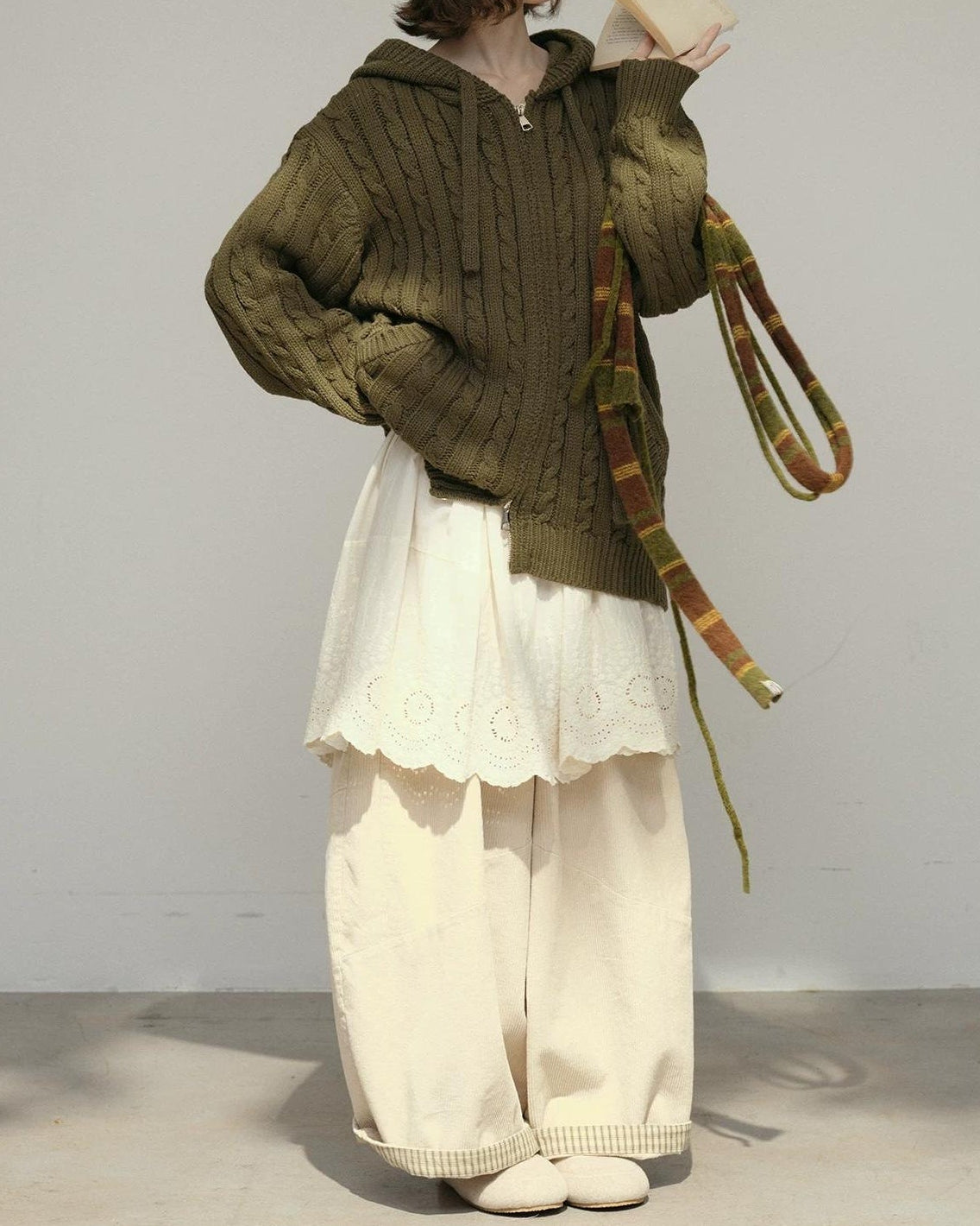 コージーケーブルフードジップカーディガン 10178