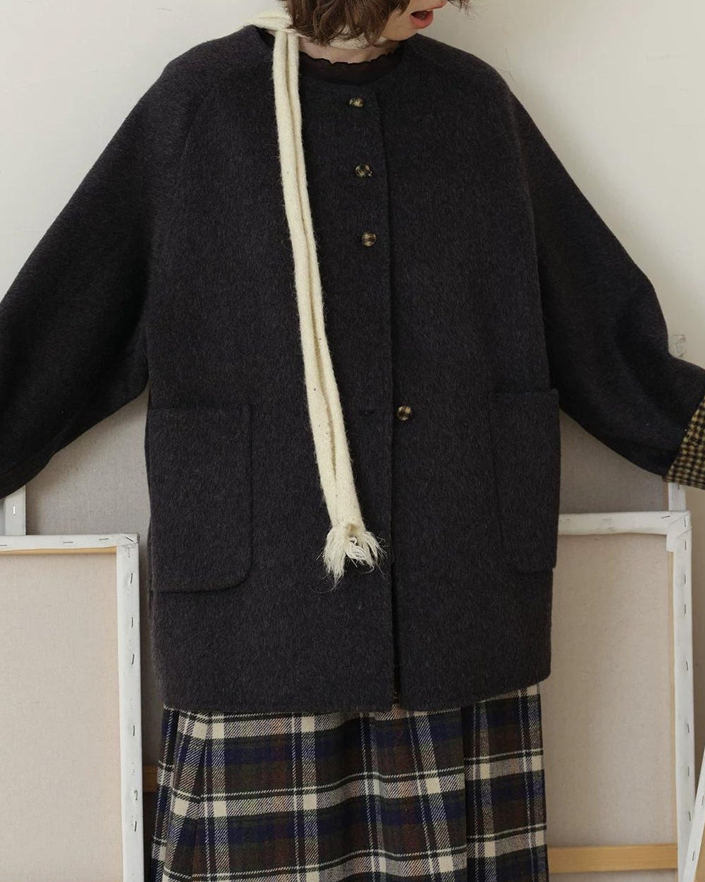 ノーカラーレトロチェックコート 10189