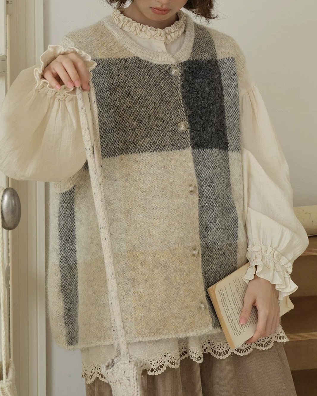 チェックニットレイヤードベスト 10197