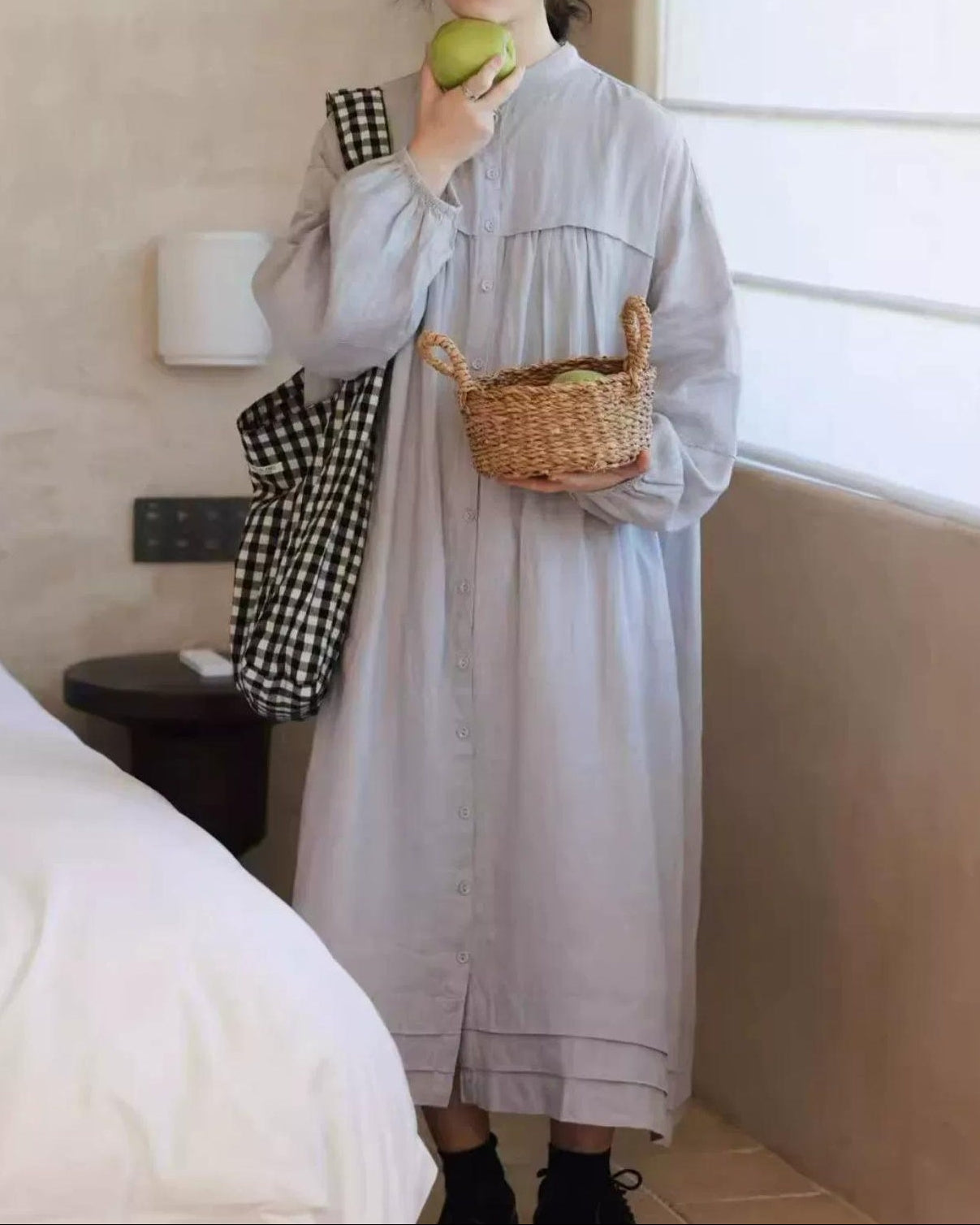 バンドカラープリーツフレアシャツワンピース 10021