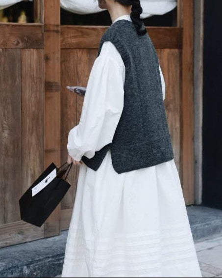 バンドカラーハーフボタンレトロワンピース 10017