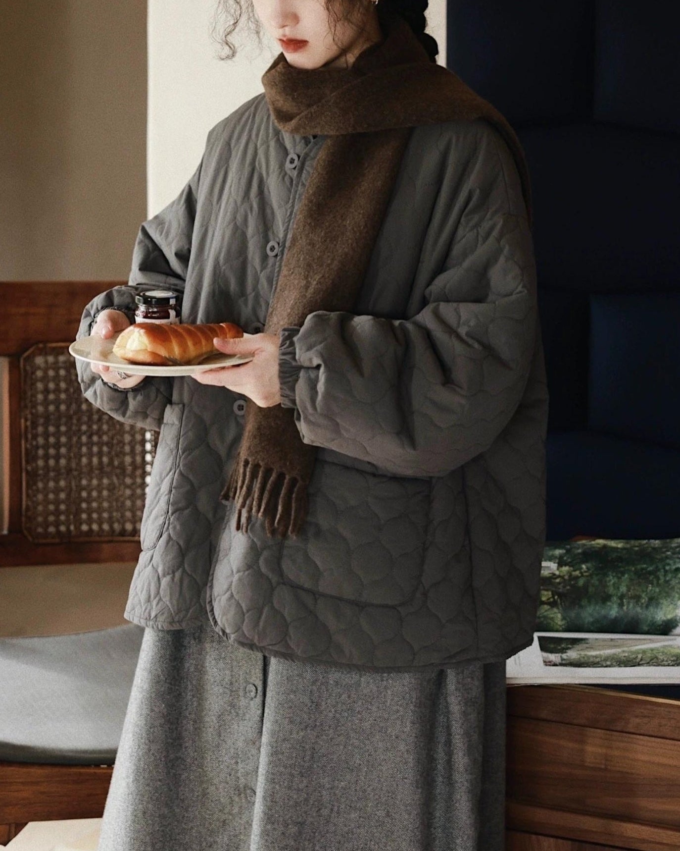 ノーカラーキルティングショートコート 10008