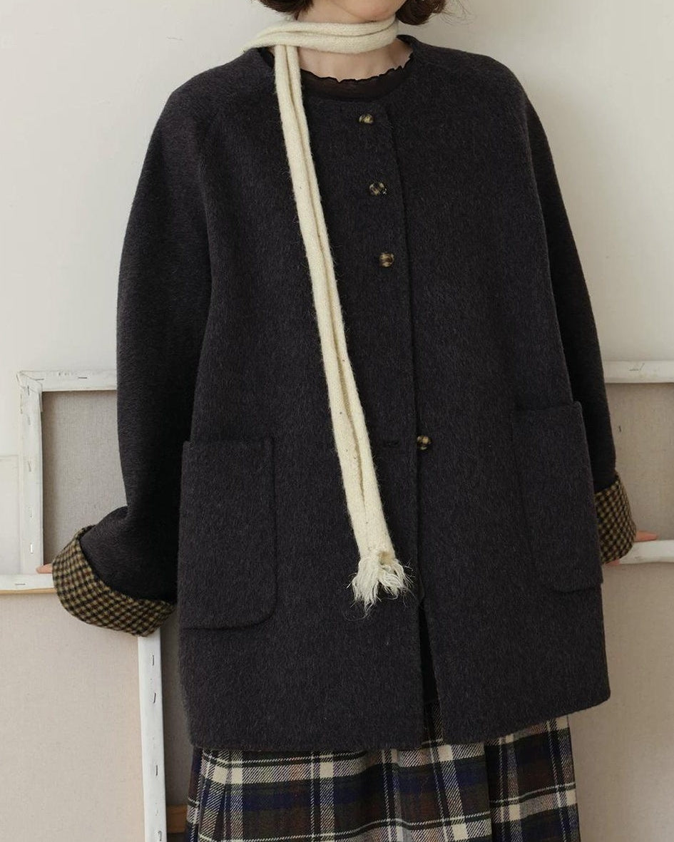 ノーカラーレトロチェックコート 10189