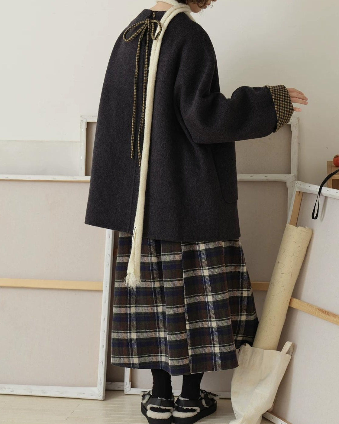 ノーカラーレトロチェックコート 10189