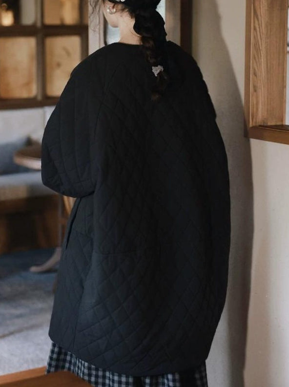 ノーカラーレトロダイヤモンドキルティングロングコート 10006