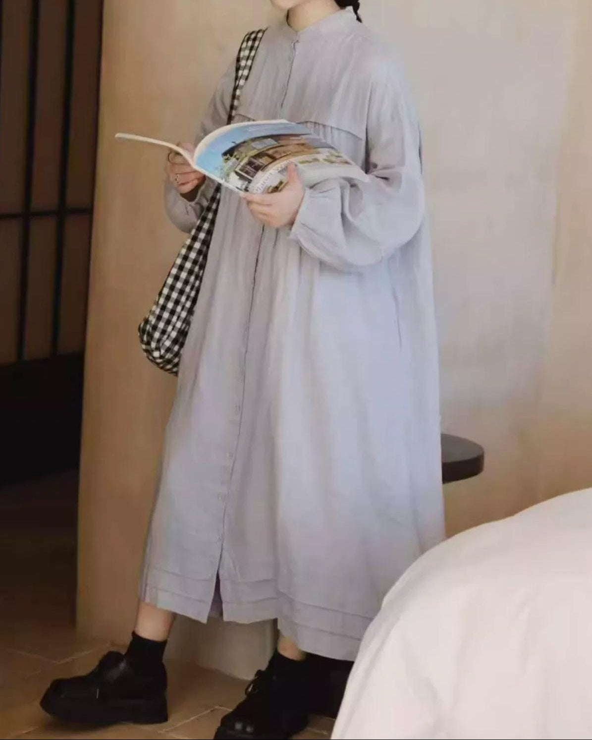 バンドカラープリーツフレアシャツワンピース 10021