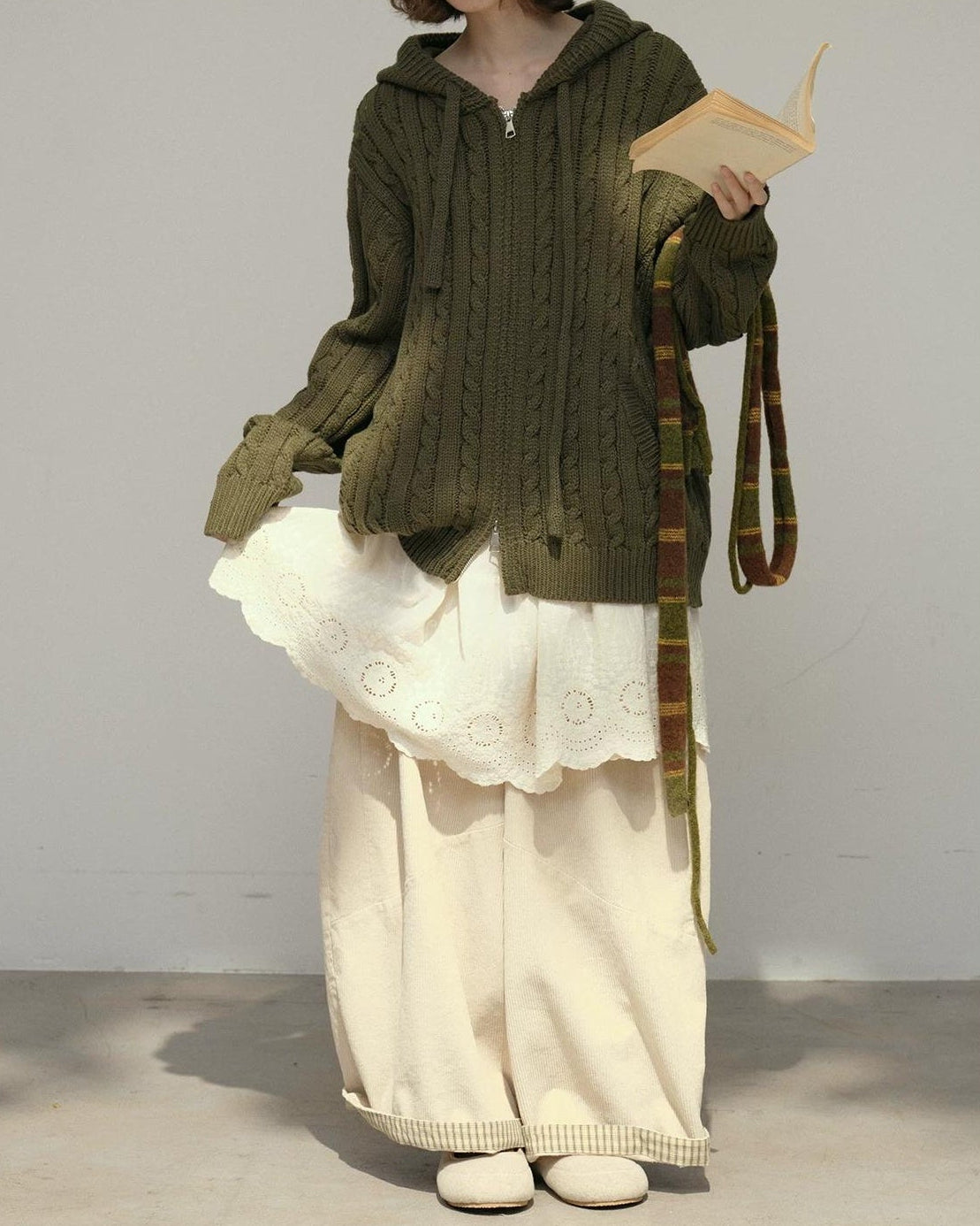 コージーケーブルフードジップカーディガン 10178