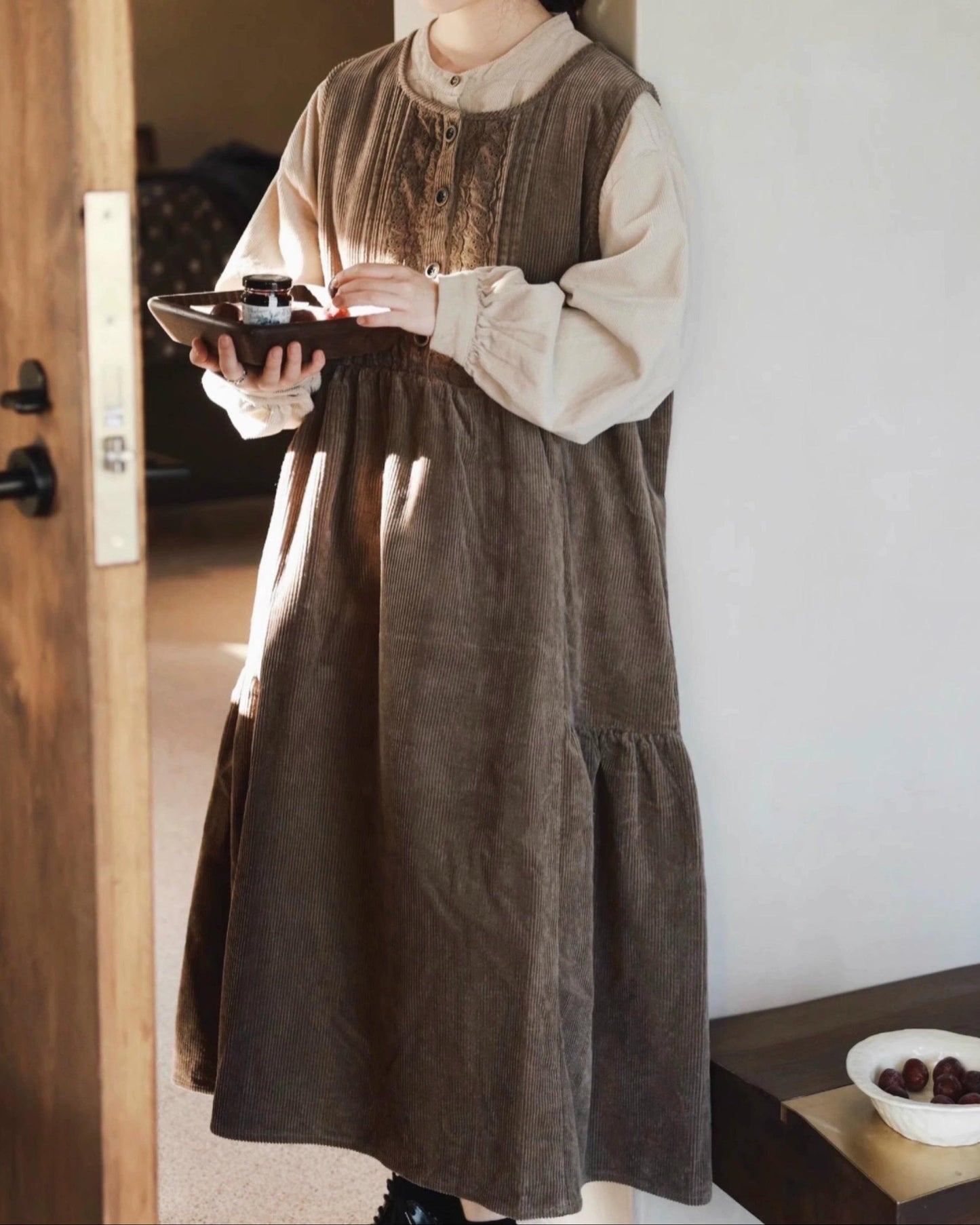 レースコーデュロイハイウエストベストワンピース 10072