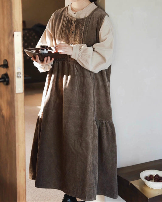 レースコーデュロイハイウエストベストワンピース 10072