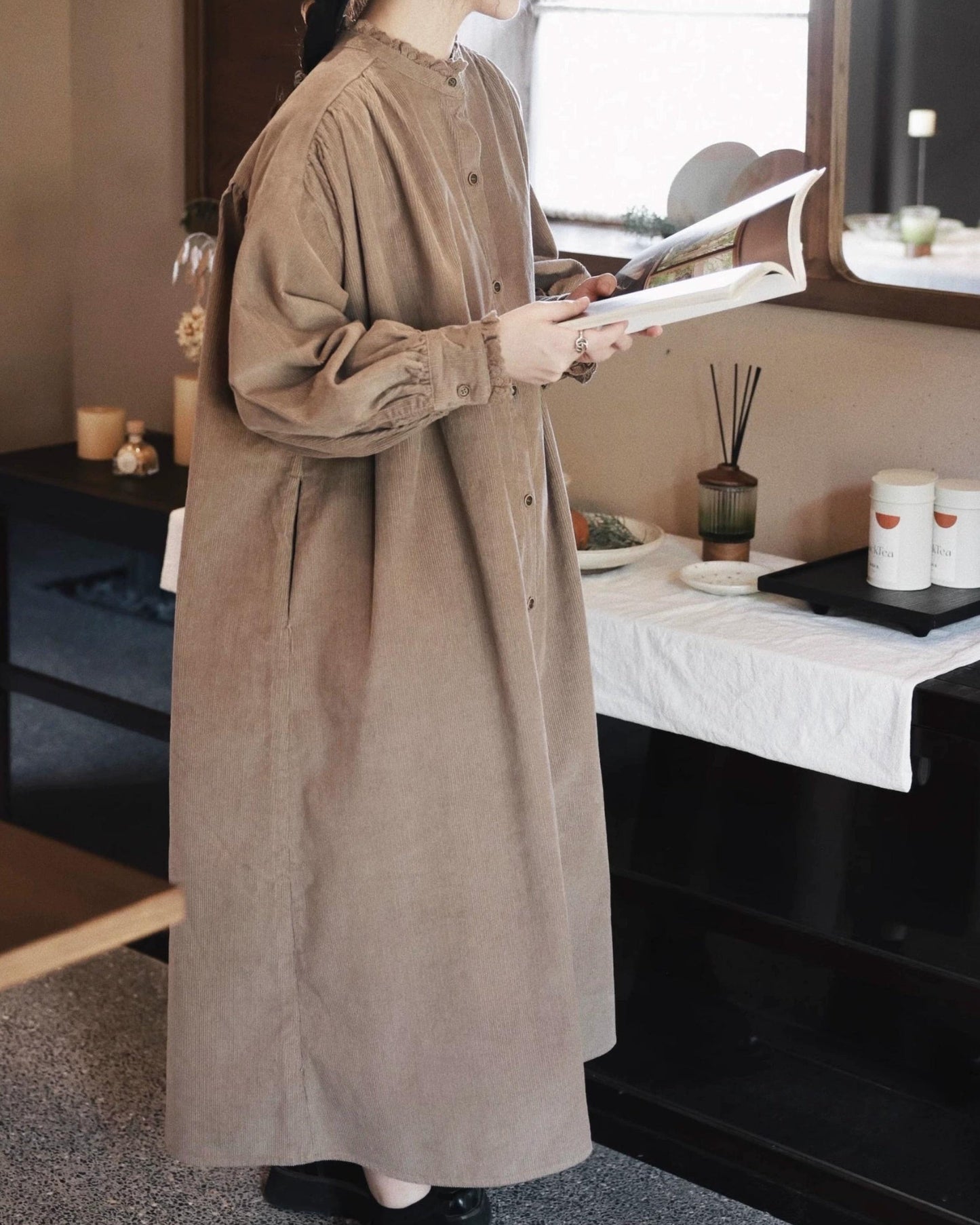 フリルネックコーデュロイシャツワンピース 10063