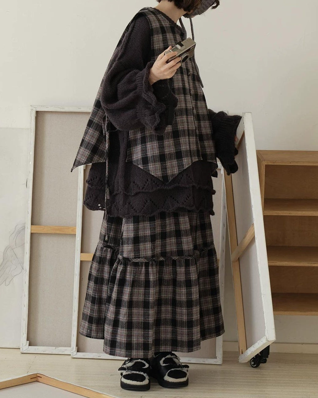 ノルディックレトロチェックフレアロングスカート 10190