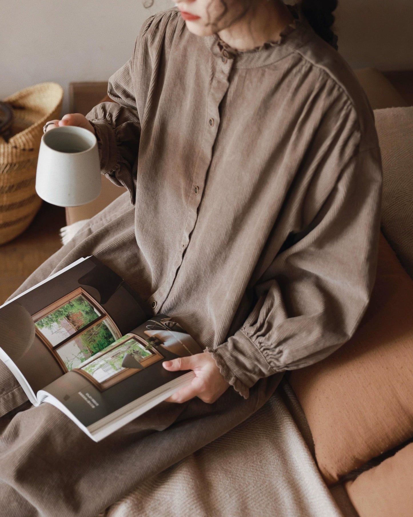 フリルネックコーデュロイシャツワンピース 10063