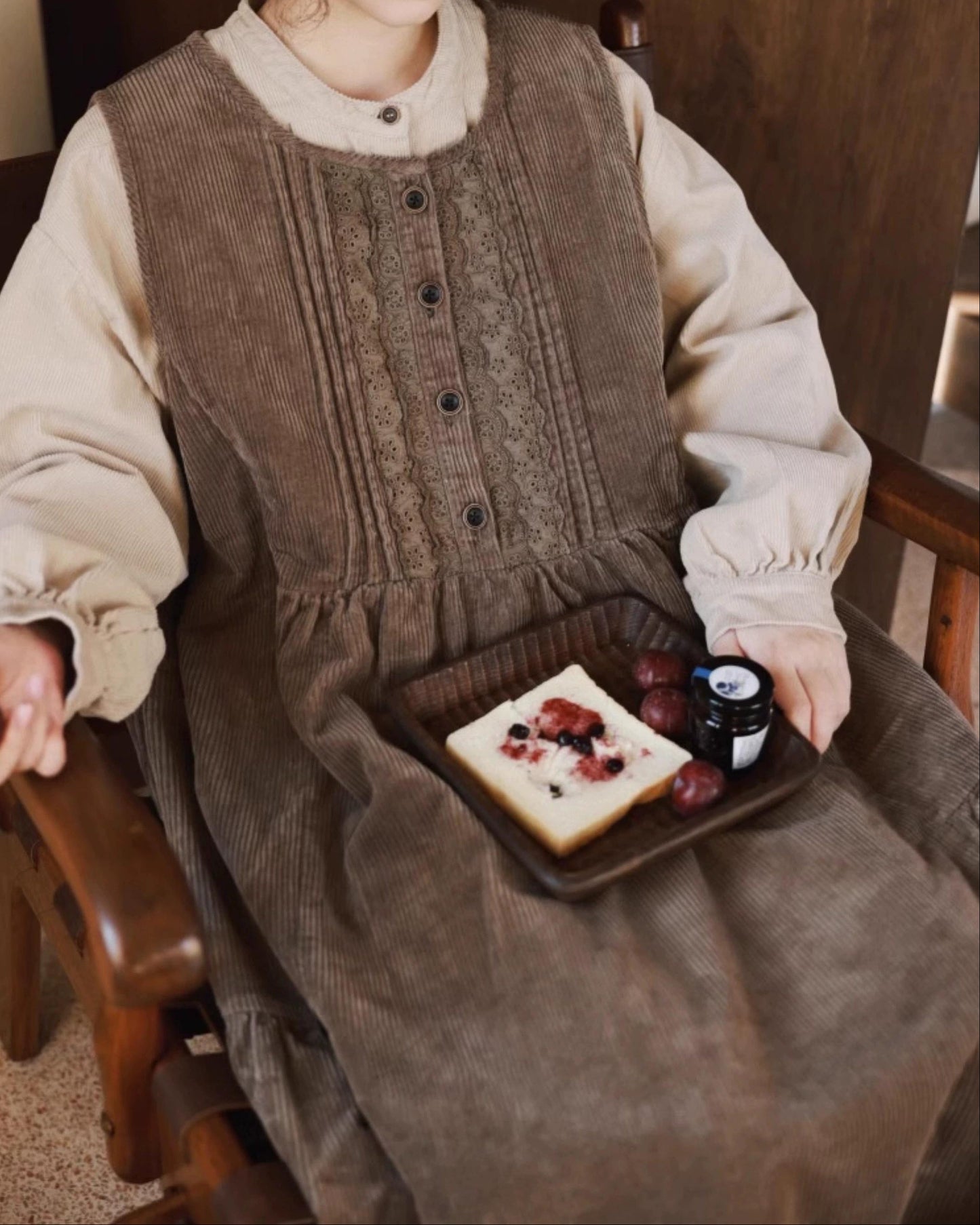 レースコーデュロイハイウエストベストワンピース 10072