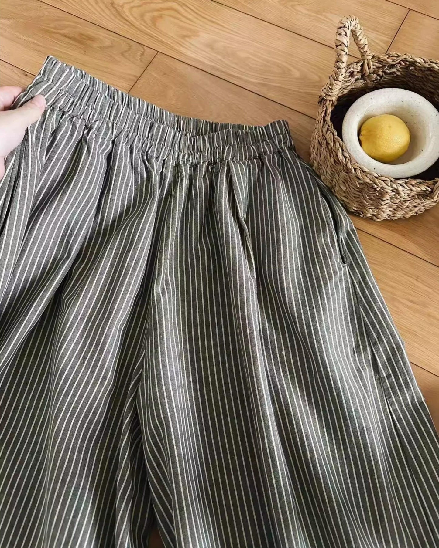 レトロストライプウエストゴムワイドパンツ 10015