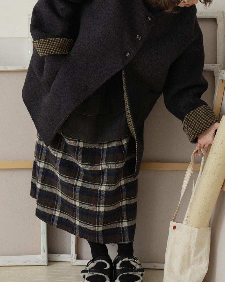 ノーカラーレトロチェックコート 10189