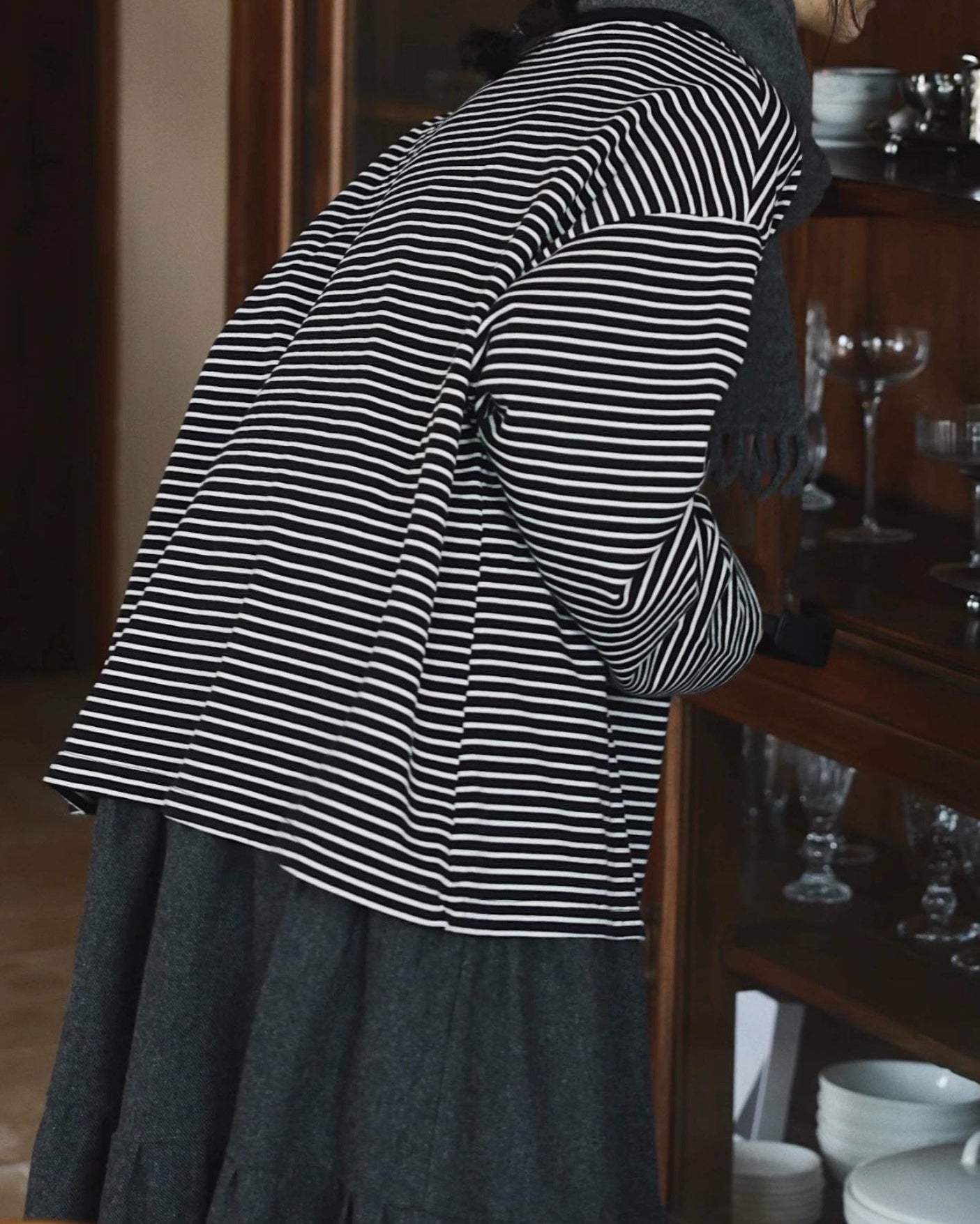 ラウンドネックストライプオーバーカットソー 10038