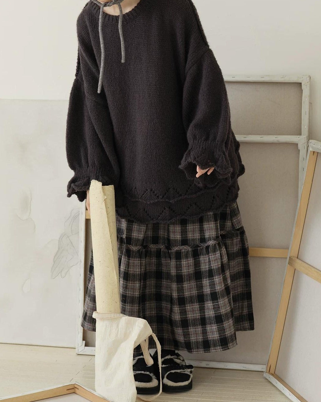 ノルディックレトロチェックフレアロングスカート 10190