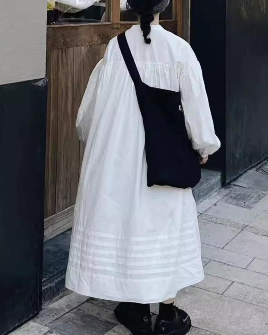 バンドカラーハーフボタンレトロワンピース 10017