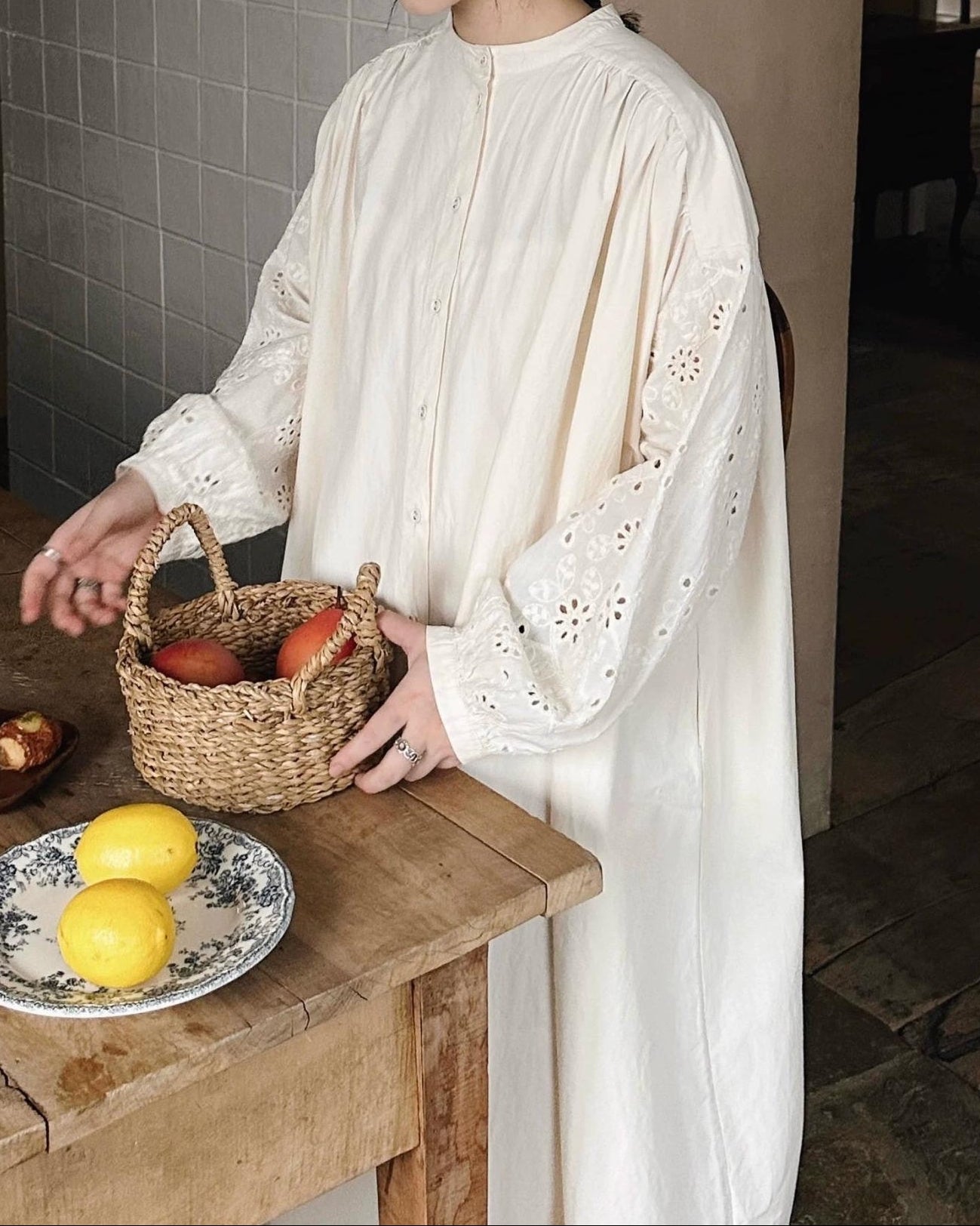 バンドカラーレースシャツワンピース 10049