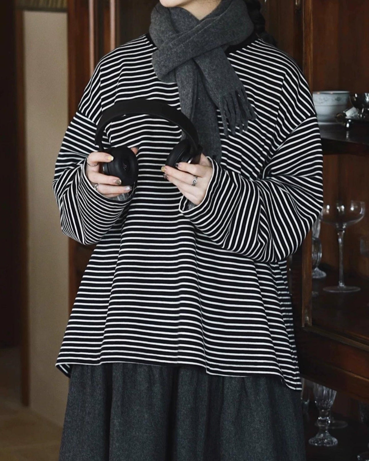 ラウンドネックストライプオーバーカットソー 10038