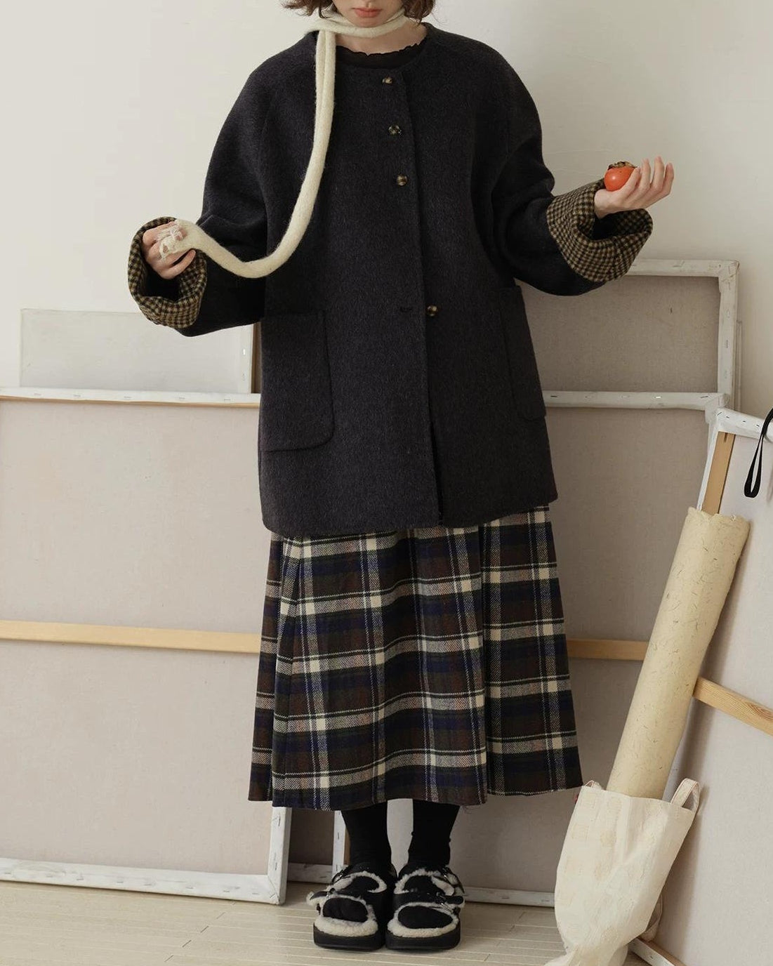 ノーカラーレトロチェックコート 10189