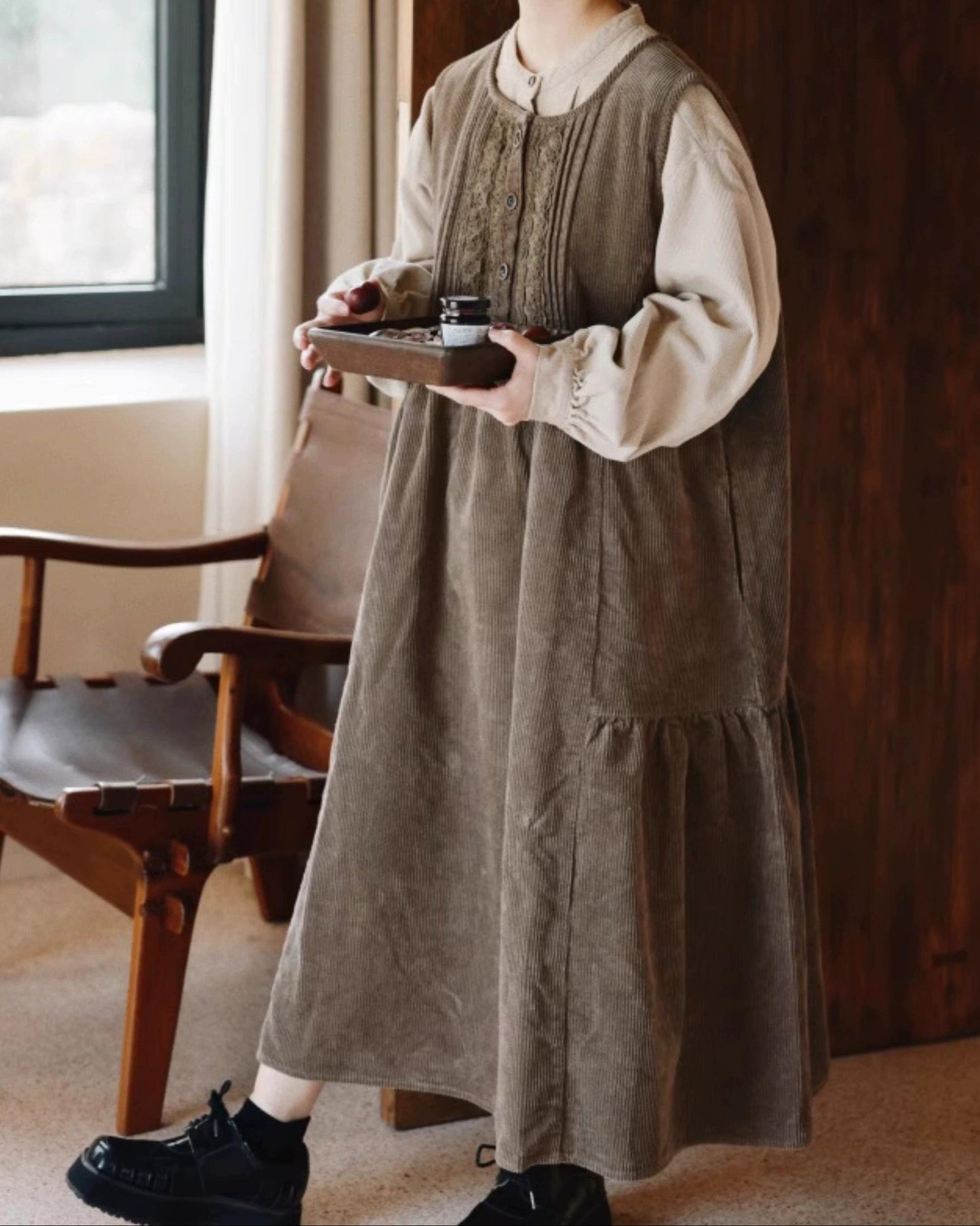 レースコーデュロイハイウエストベストワンピース 10072