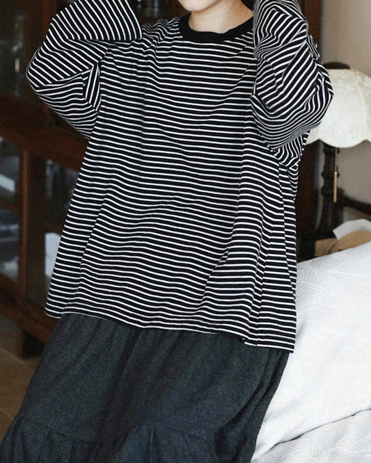 ラウンドネックストライプオーバーカットソー 10038