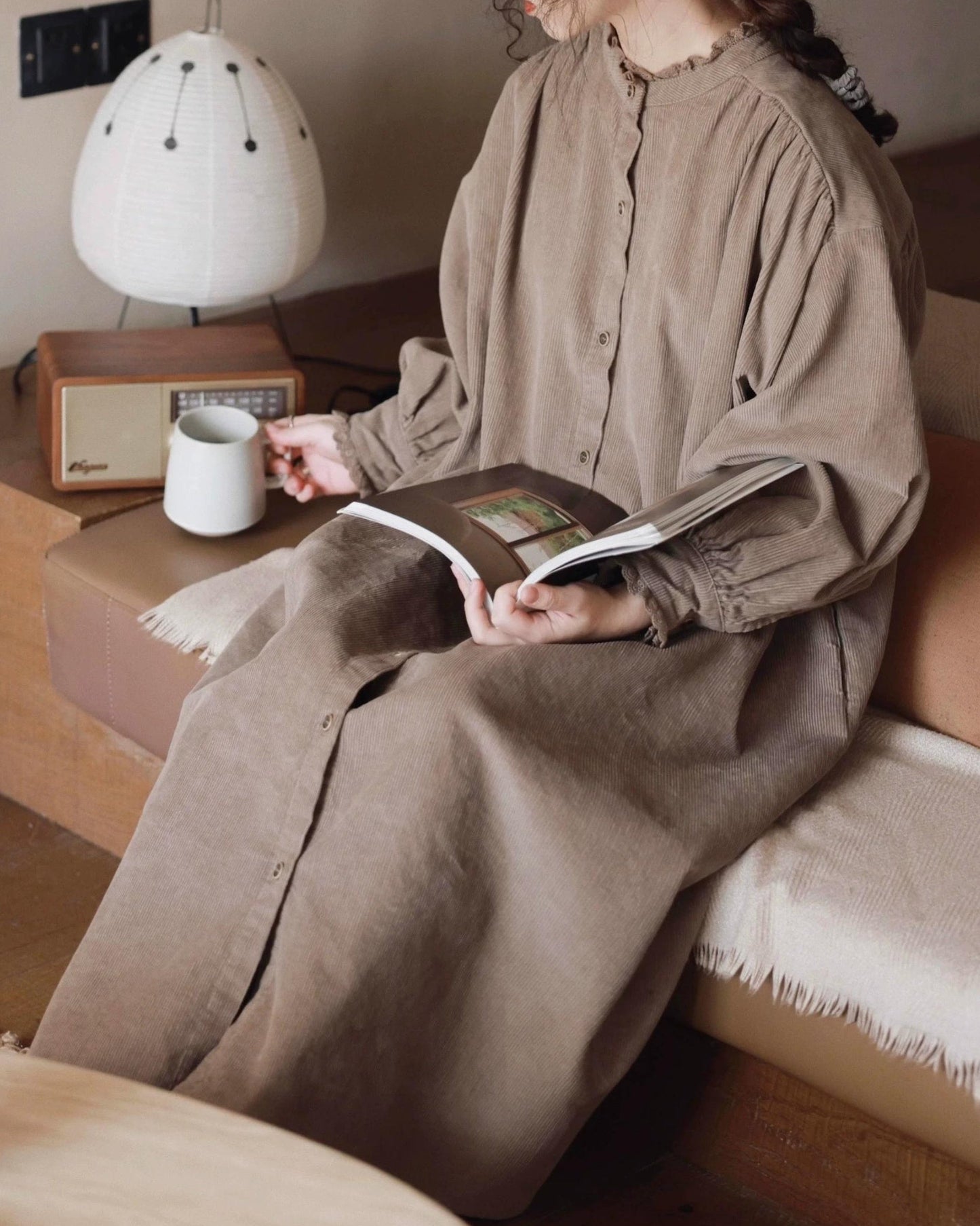 フリルネックコーデュロイシャツワンピース 10063