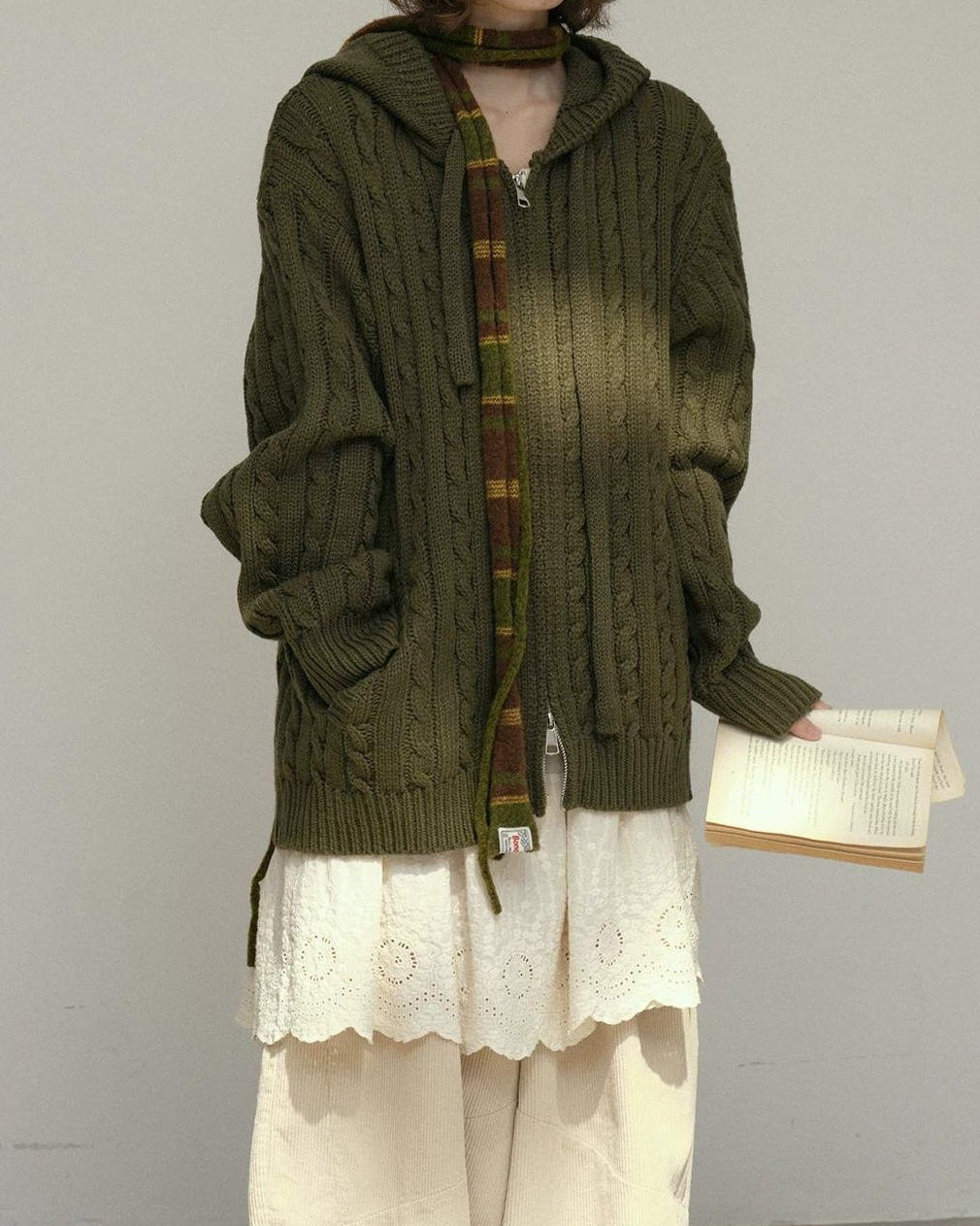 コージーケーブルフードジップカーディガン 10178