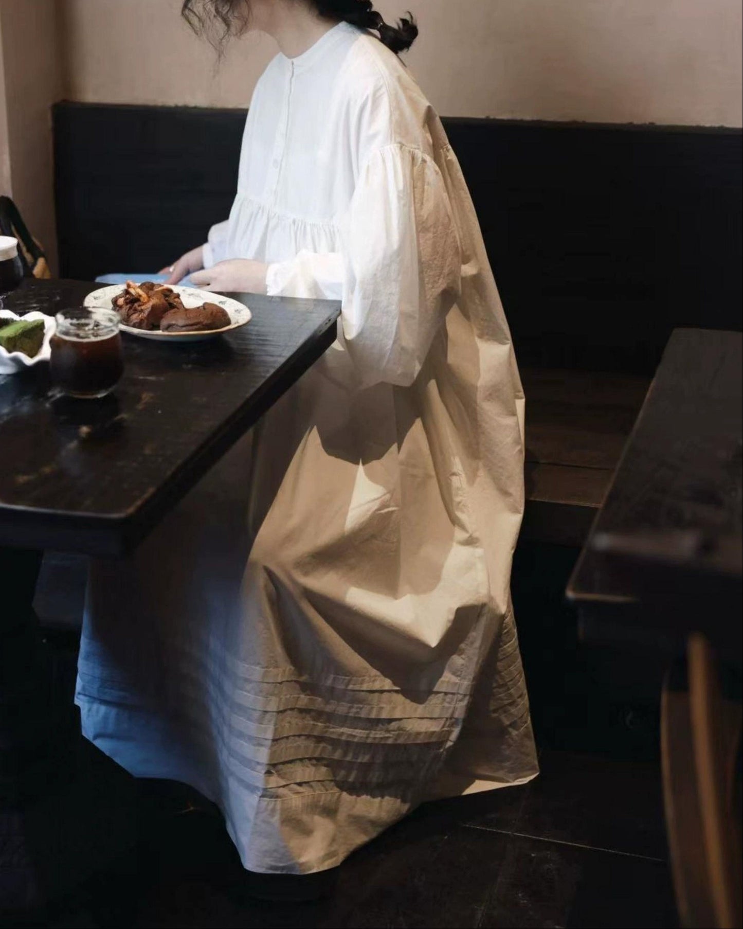 バンドカラーハーフボタンレトロワンピース 10017