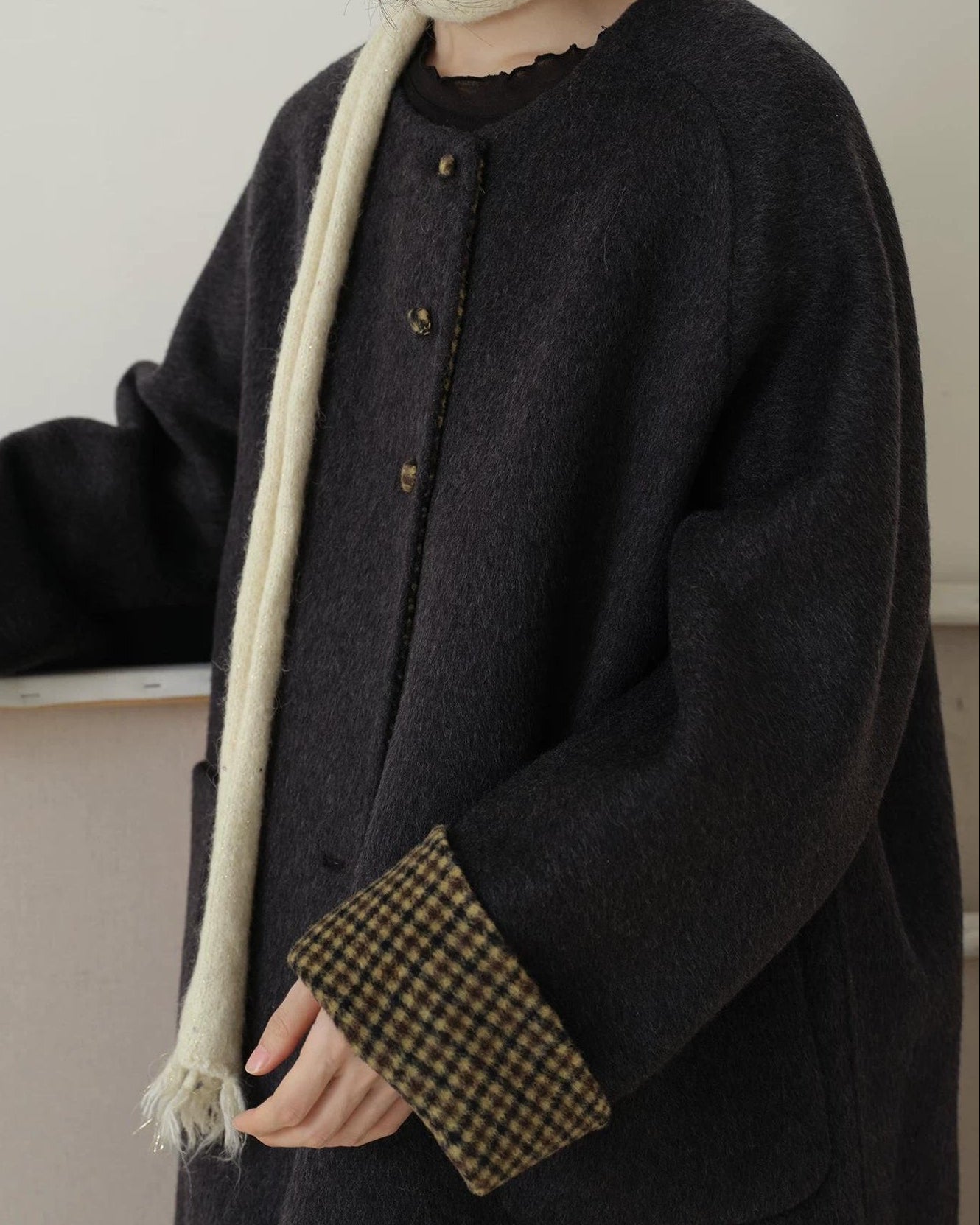 ノーカラーレトロチェックコート 10189