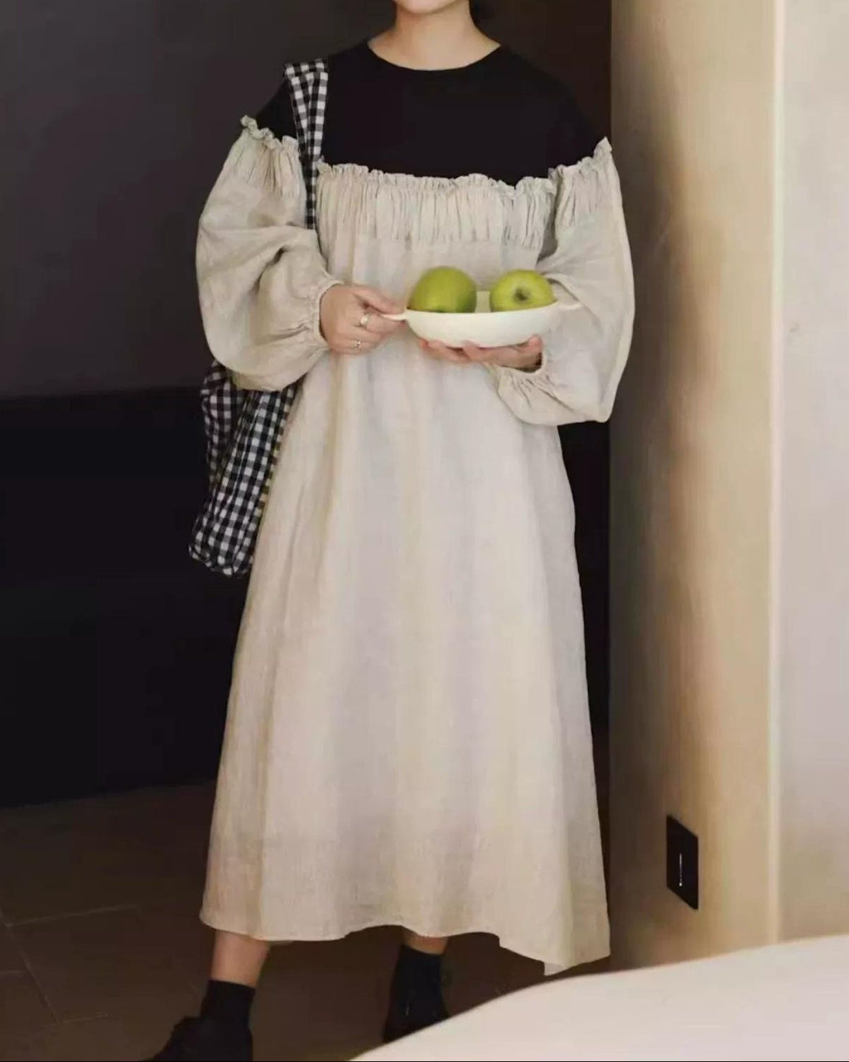 パフスリーブバイカラープリーツワンピース 10020