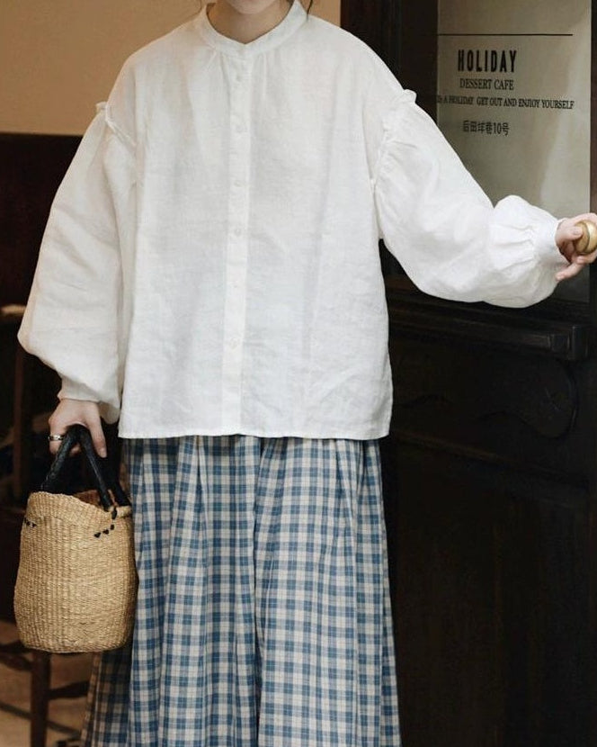 バンドカラーパフスリーブフリルブラウス 10004