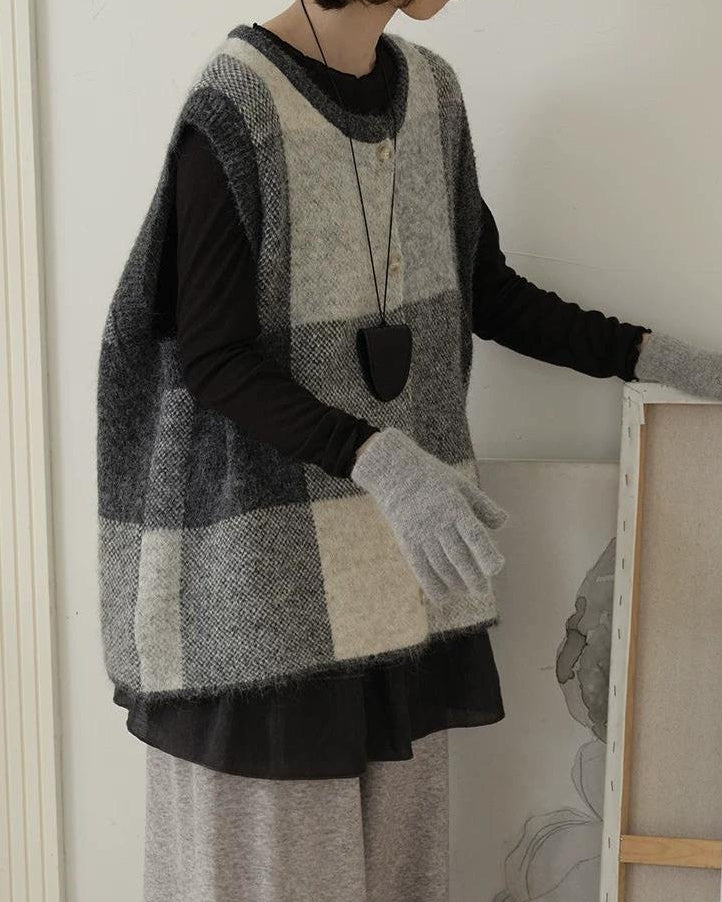 チェックニットレイヤードベスト 10197