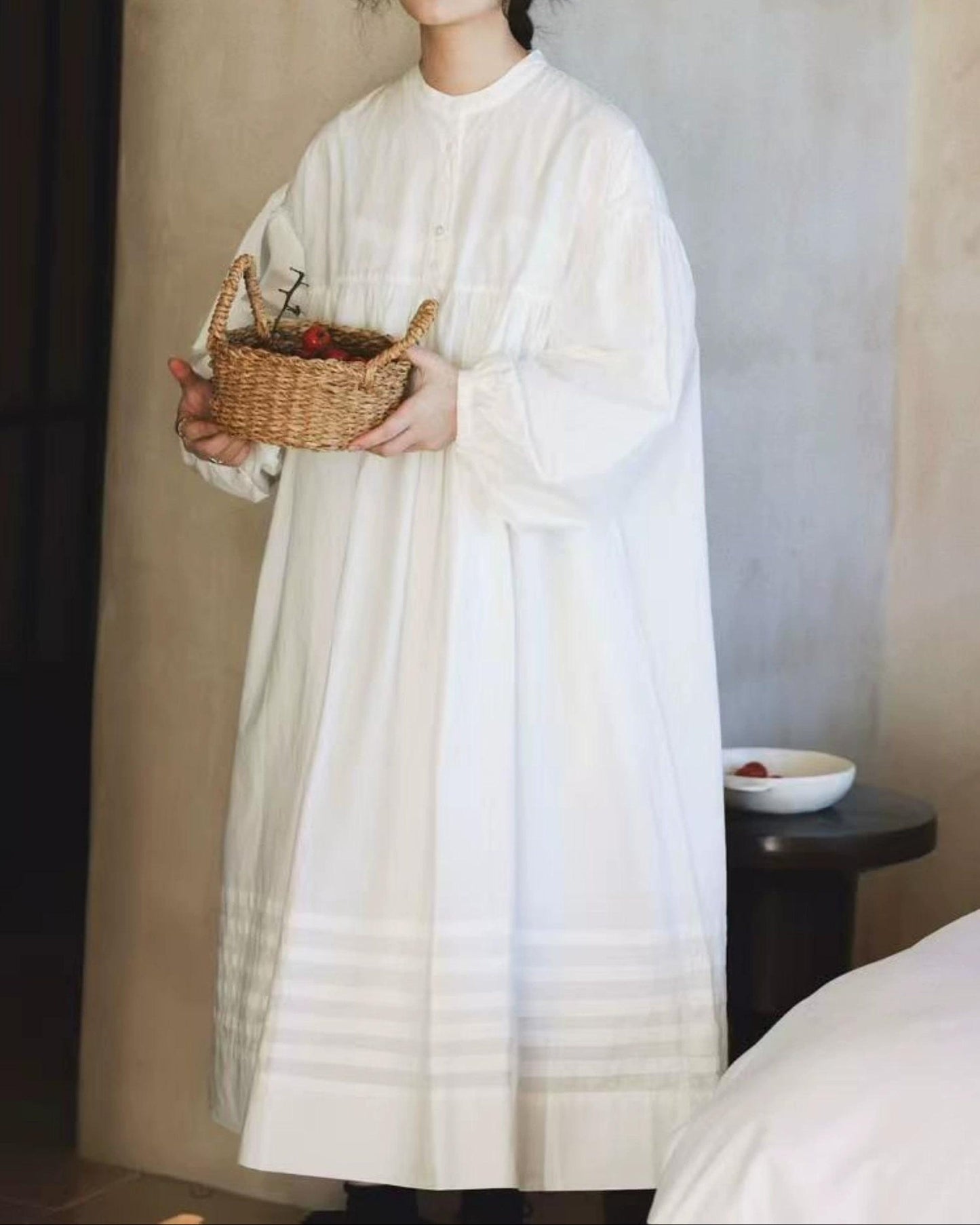 バンドカラーハーフボタンレトロワンピース 10017