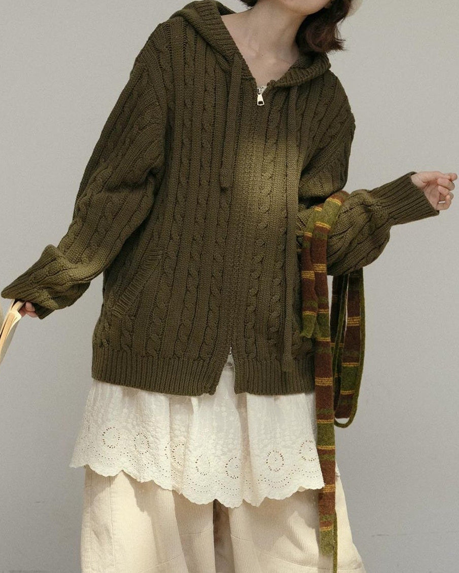 コージーケーブルフードジップカーディガン 10178