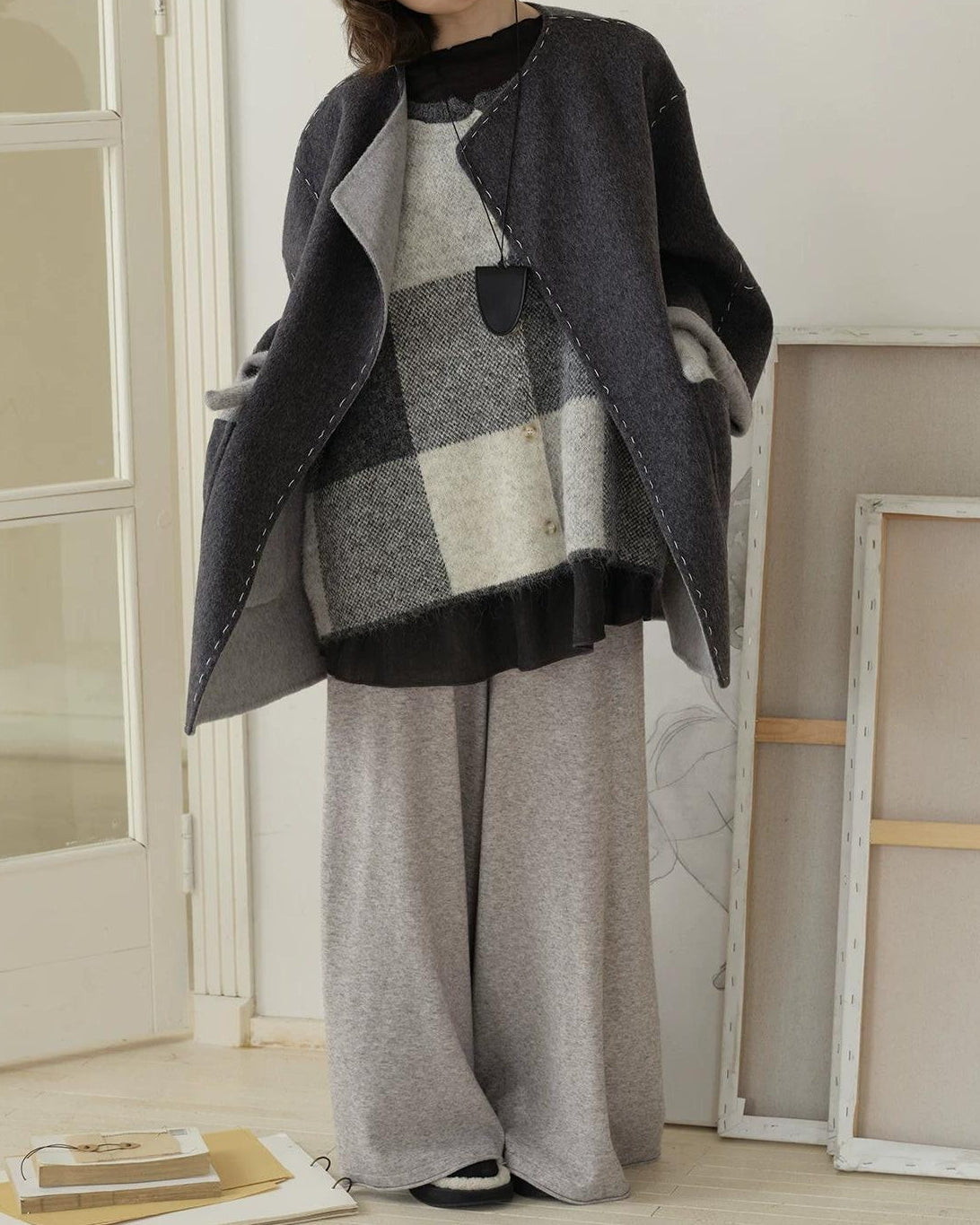 チェックニットレイヤードベスト 10197