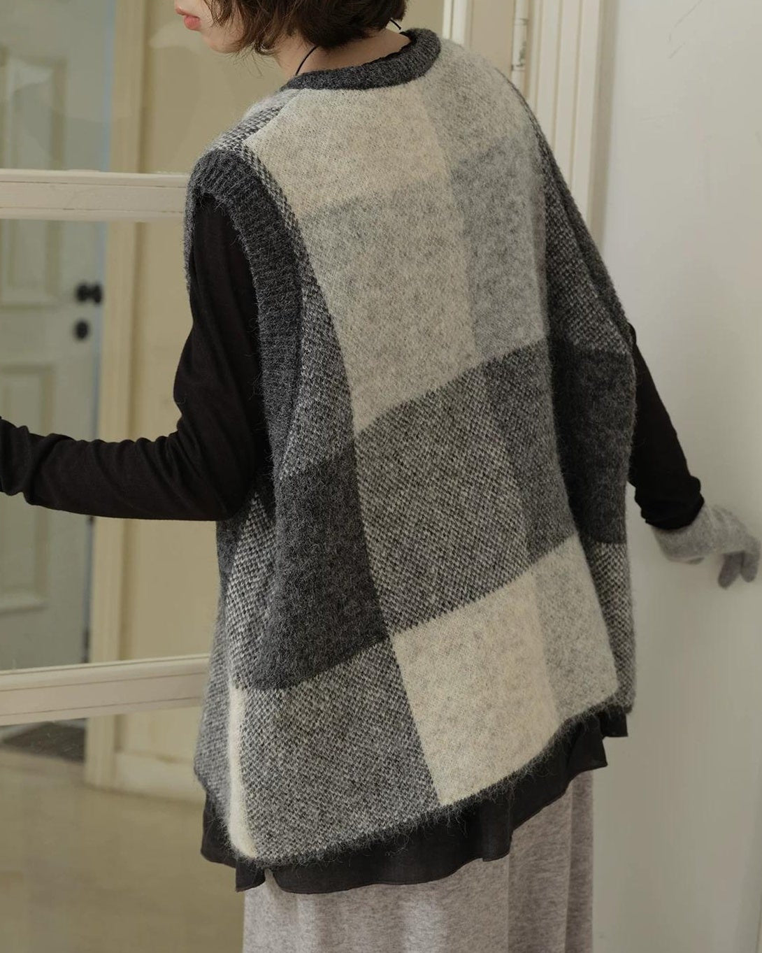 チェックニットレイヤードベスト 10197