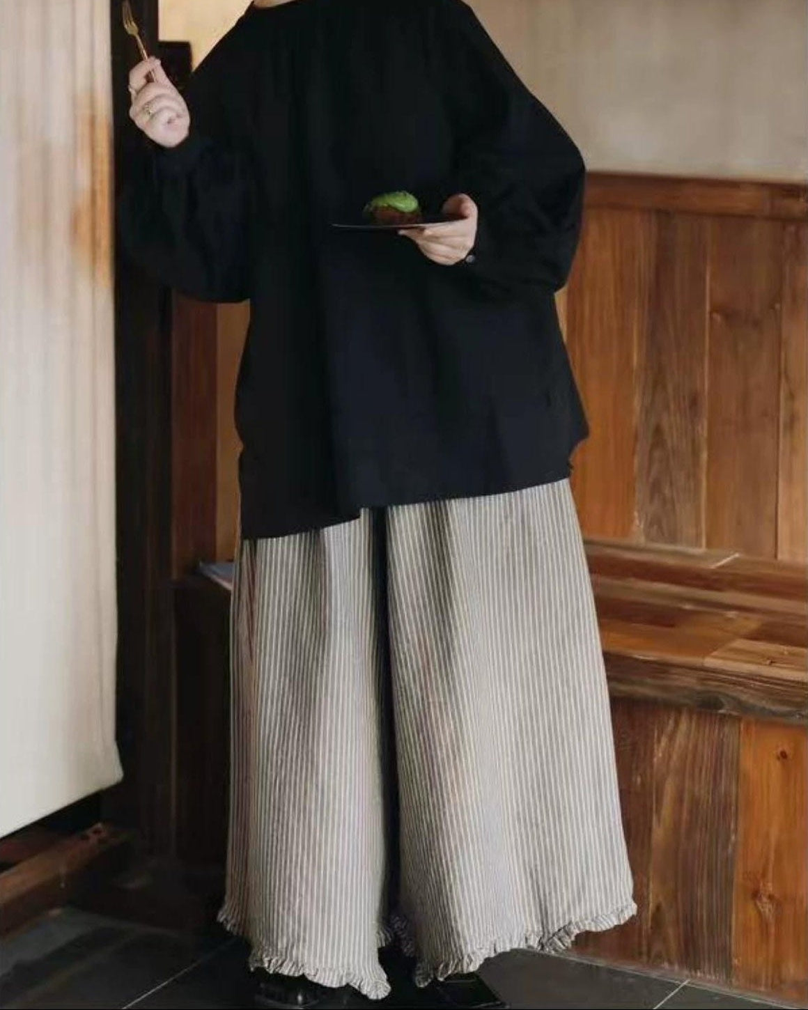 レトロストライプウエストゴムワイドパンツ 10015