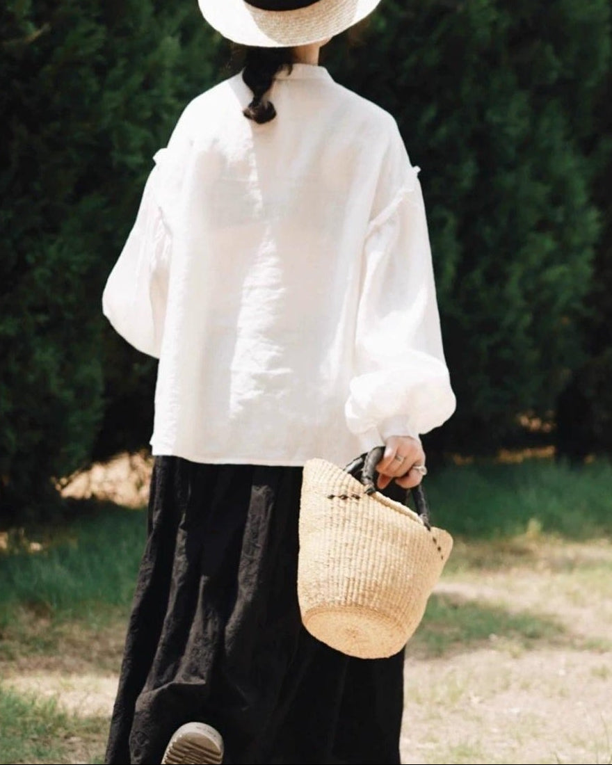 バンドカラーパフスリーブフリルブラウス 10004