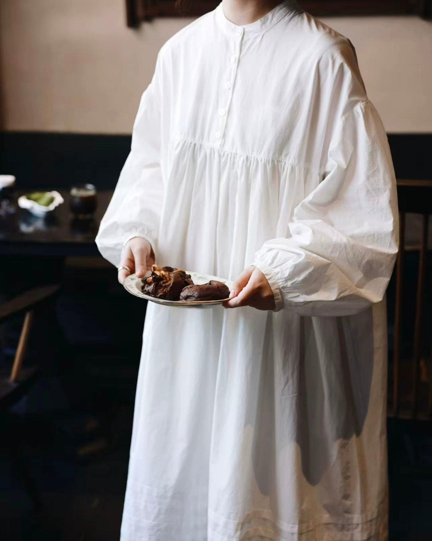 バンドカラーハーフボタンレトロワンピース 10017